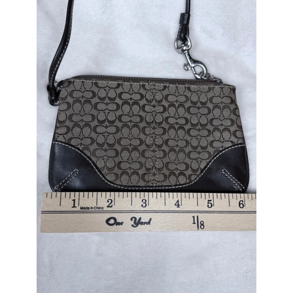 Coach Women Signature Monogram Wristlet Small Brown Black Leather Trim Pouch Bag